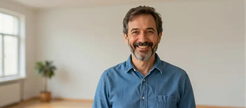Middle-aged man smiling in a room with a plant