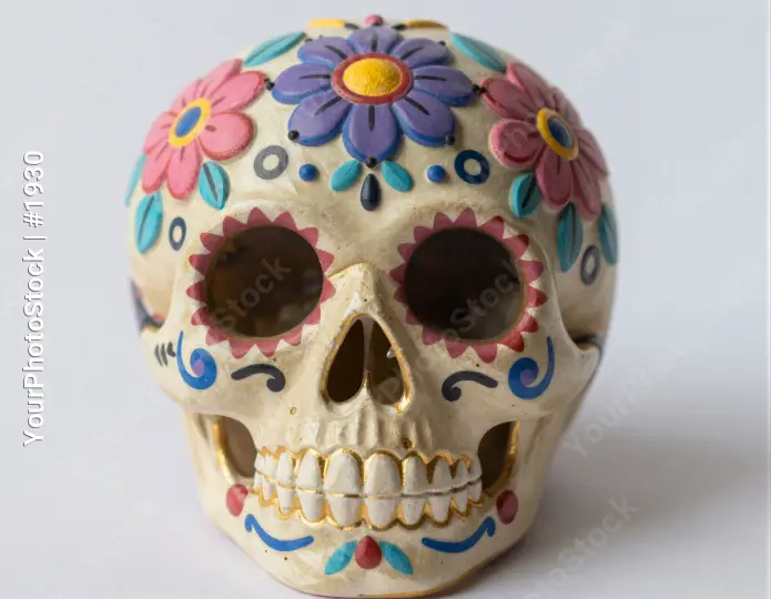 Day of the Dead Ceramic Skull with Colorful Flowers Mexico