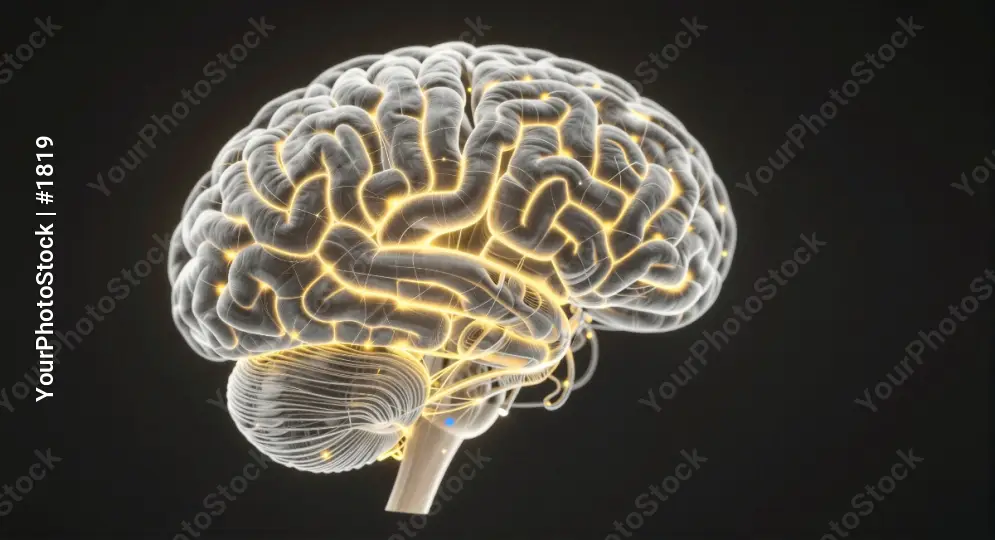 3D Rendered Human Brain Side View intricate lines