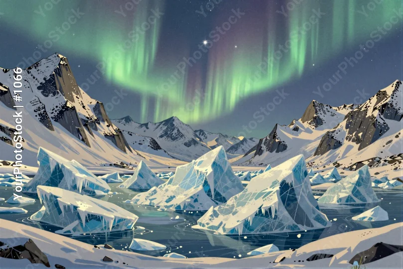 Snowy Mountain Range with Aurora Borealis and Starry Sky