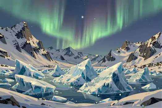 Snowy Mountain Range with Aurora Borealis and Starry Sky