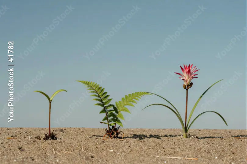 Three Small Plants in Dry Landscape barren rocky