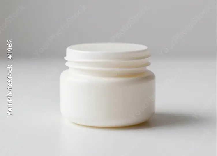 Empty White Plastic Jar with Open Lid on Plain Background