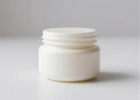 Empty White Plastic Jar with Open Lid on Plain Background