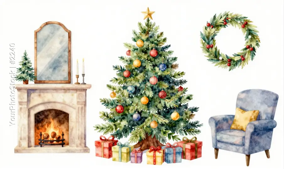 Christmas Tree with Gifts and Fireplace ornaments