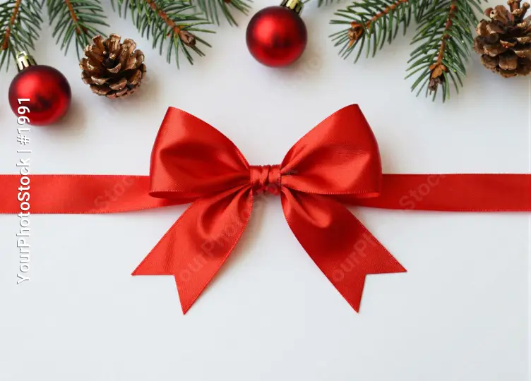 Red Ribbon with Bow and Christmas Ornaments pine cones gift