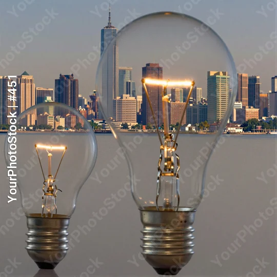 Two Light Bulbs Reflecting City Skyline at Sunset