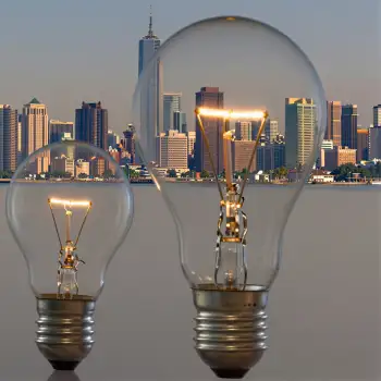 Two Light Bulbs Reflecting City Skyline at Sunset