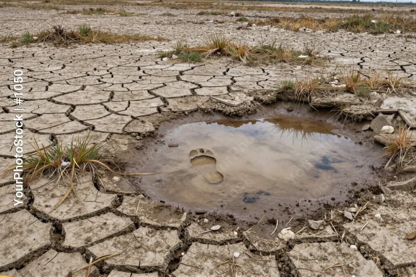Dry cracked ground with mud puddle and footprint