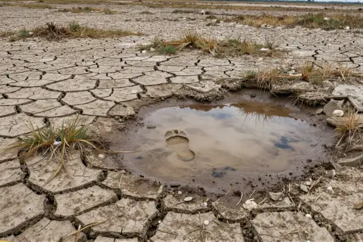 Dry cracked ground with mud puddle and footprint