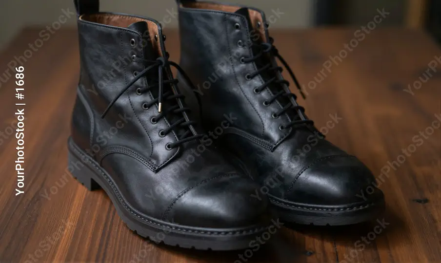 Black Leather Boots on Wooden Table lace-up round toe