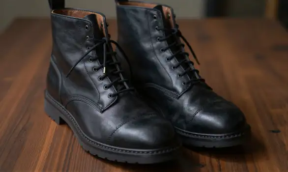 Black Leather Boots on Wooden Table lace-up round toe