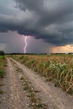 Dramatic Lightning Strike on Dirt Road at Sunset