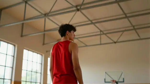 Young man shooting basketball in gymnasium sports