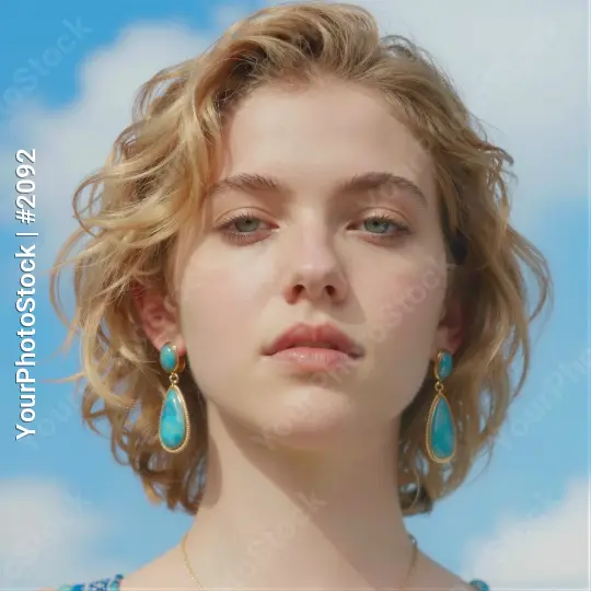 Serious Young Woman with Curly Blonde Hair and Turquoise Earrings model