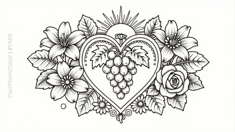 Heart Design with Grapes and Flowers roses daisies coloring