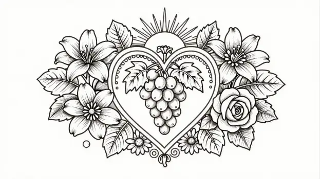 Heart Design with Grapes and Flowers roses daisies coloring