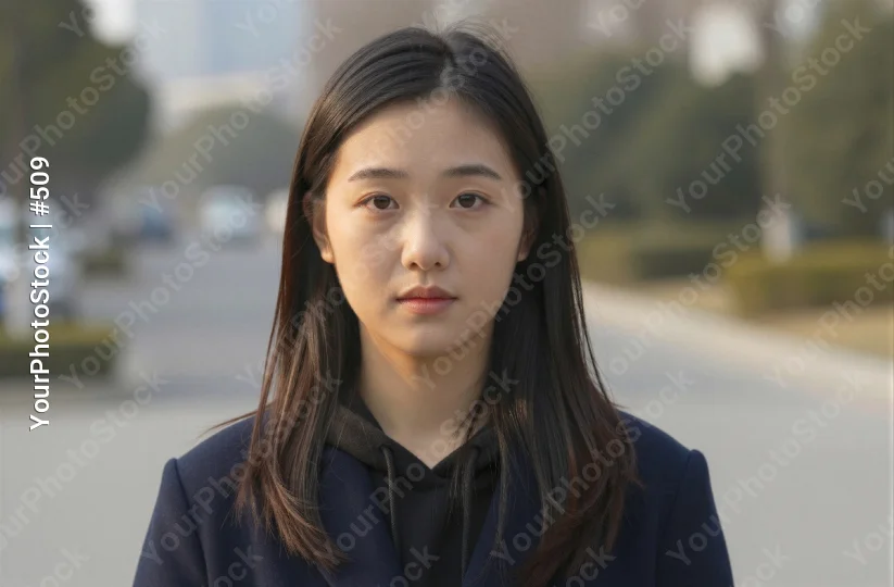 Serious Asian Woman in Navy Blazer on Street long hair