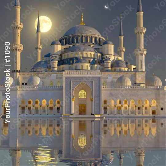 Beautiful White Mosque with Blue Domes and Minarets Over Water at