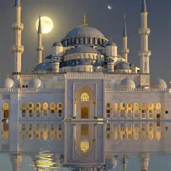 Beautiful White Mosque with Blue Domes and Minarets Over Water at