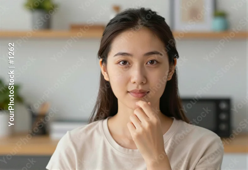 Young Asian Woman Thinking in Kitchen close-up