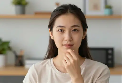 Young Asian Woman Thinking in Kitchen close-up