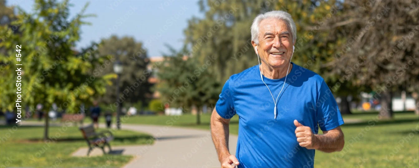 Elderly Man Jogging in Park, Happy and Relaxed fitness sport