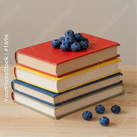 Three Books Stack with Blueberries on Wooden Surface