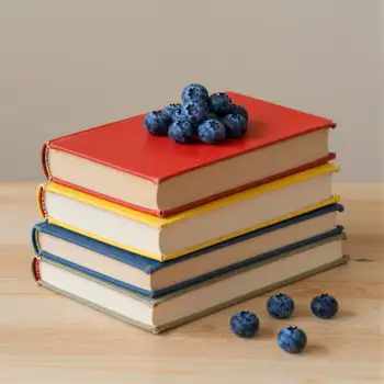 Three Books Stack with Blueberries on Wooden Surface