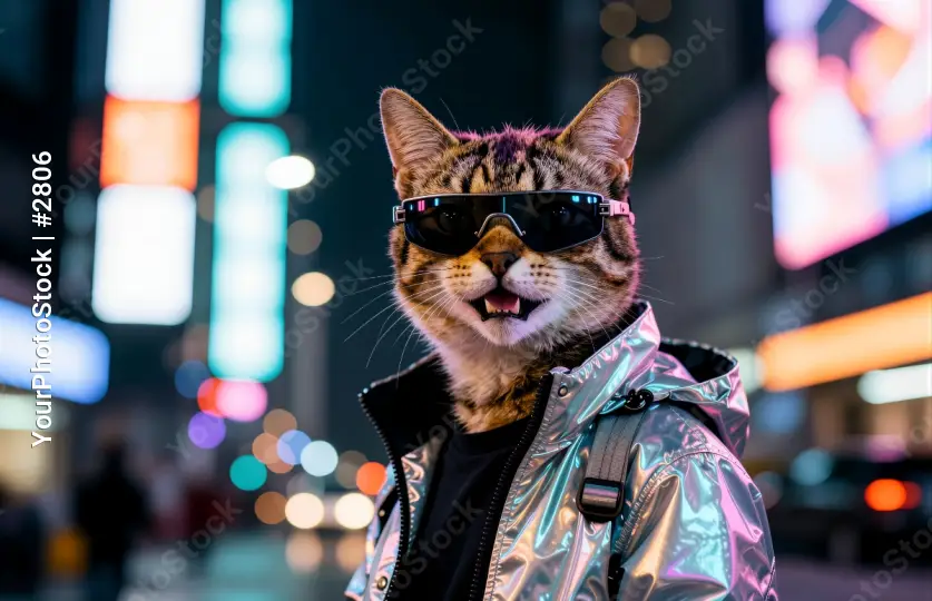 Fashionable Cat with Sunglasses and Jacket at Night cyberpunk