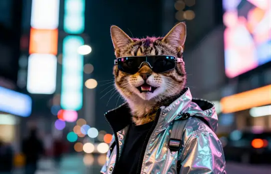 Fashionable Cat with Sunglasses and Jacket at Night cyberpunk