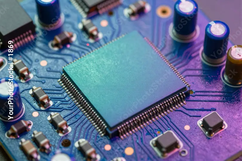 Close-up of printed circuit board (PCB) with electronic components
