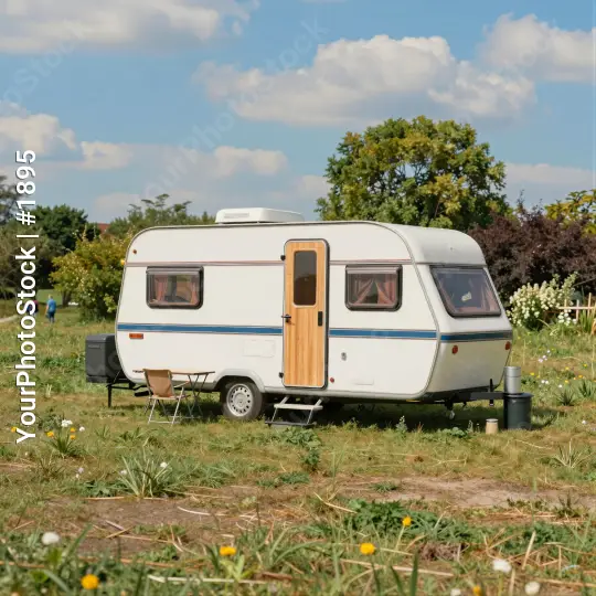 White Caravan in Grass Field dandelions wooden