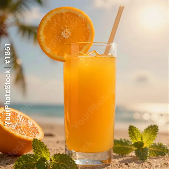 Tall Glass of Orange Juice on Sandy Beach straw