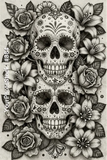 Two Skulls with Roses and Lilies - Day of the Dead Illustration