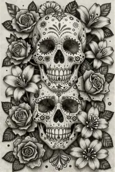 Two Skulls with Roses and Lilies - Day of the Dead Illustration