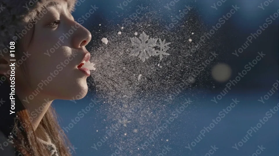Young woman blowing snowflakes, winter scene hat