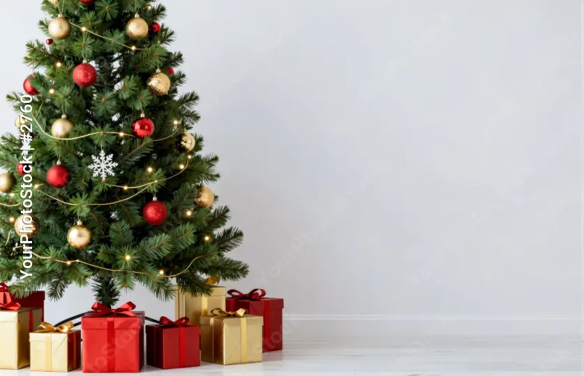 Festive Christmas Tree with Gifts and Holiday Decorations