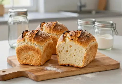 Three Golden Brown Bread Rolls with Powdered Sugar on Cutting Board