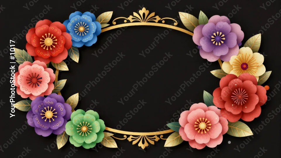Colorful Flowers and Leaves Circular Frame intricate