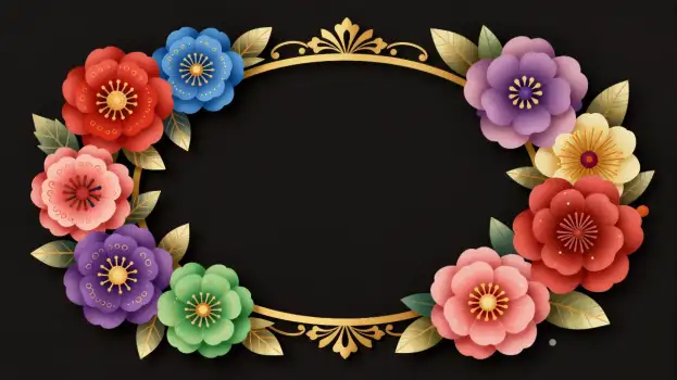 Colorful Flowers and Leaves Circular Frame intricate