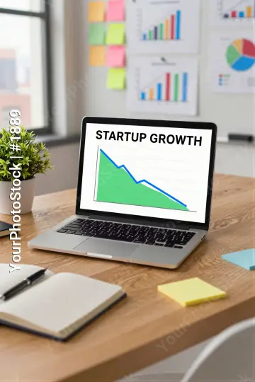 Startup Growth Graph on Laptop in Office sticky notes