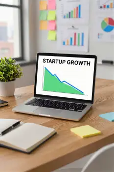 Startup Growth Graph on Laptop in Office sticky notes