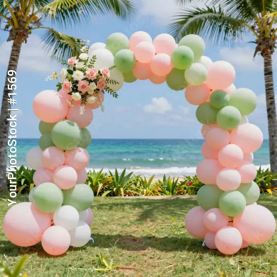 Pastel Balloon Arch with Heart Shape on Grass Lawn