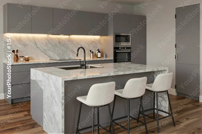 Modern Kitchen with Island and Barstools white marble