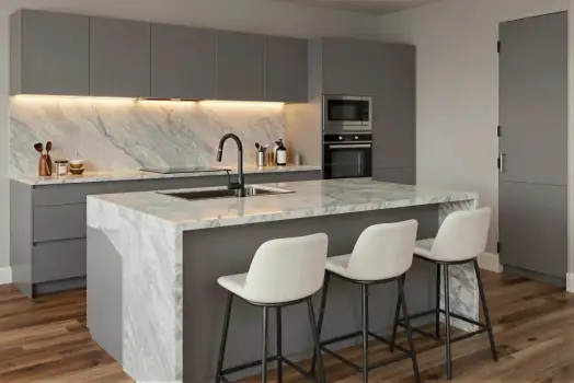 Modern Kitchen with Island and Barstools white marble