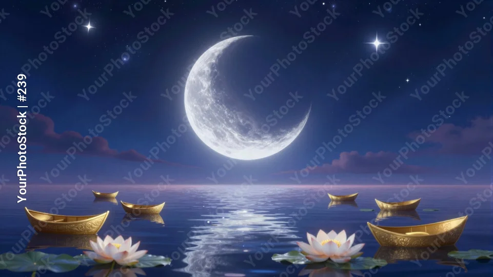 Full Moon Rising Over Calm Water with Boats and Lilies