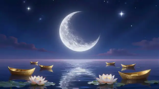 Full Moon Rising Over Calm Water with Boats and Lilies