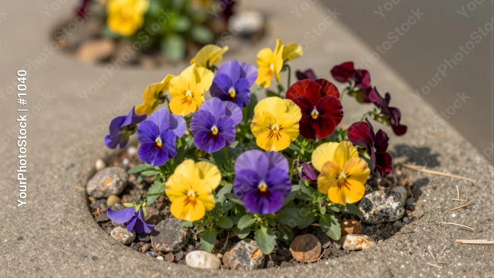 Colorful Pansies in Circular Planter colorful flowers