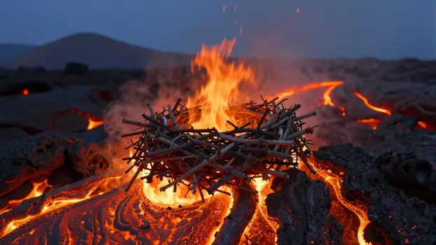 Campfire Burning in Barren Landscape orange flames